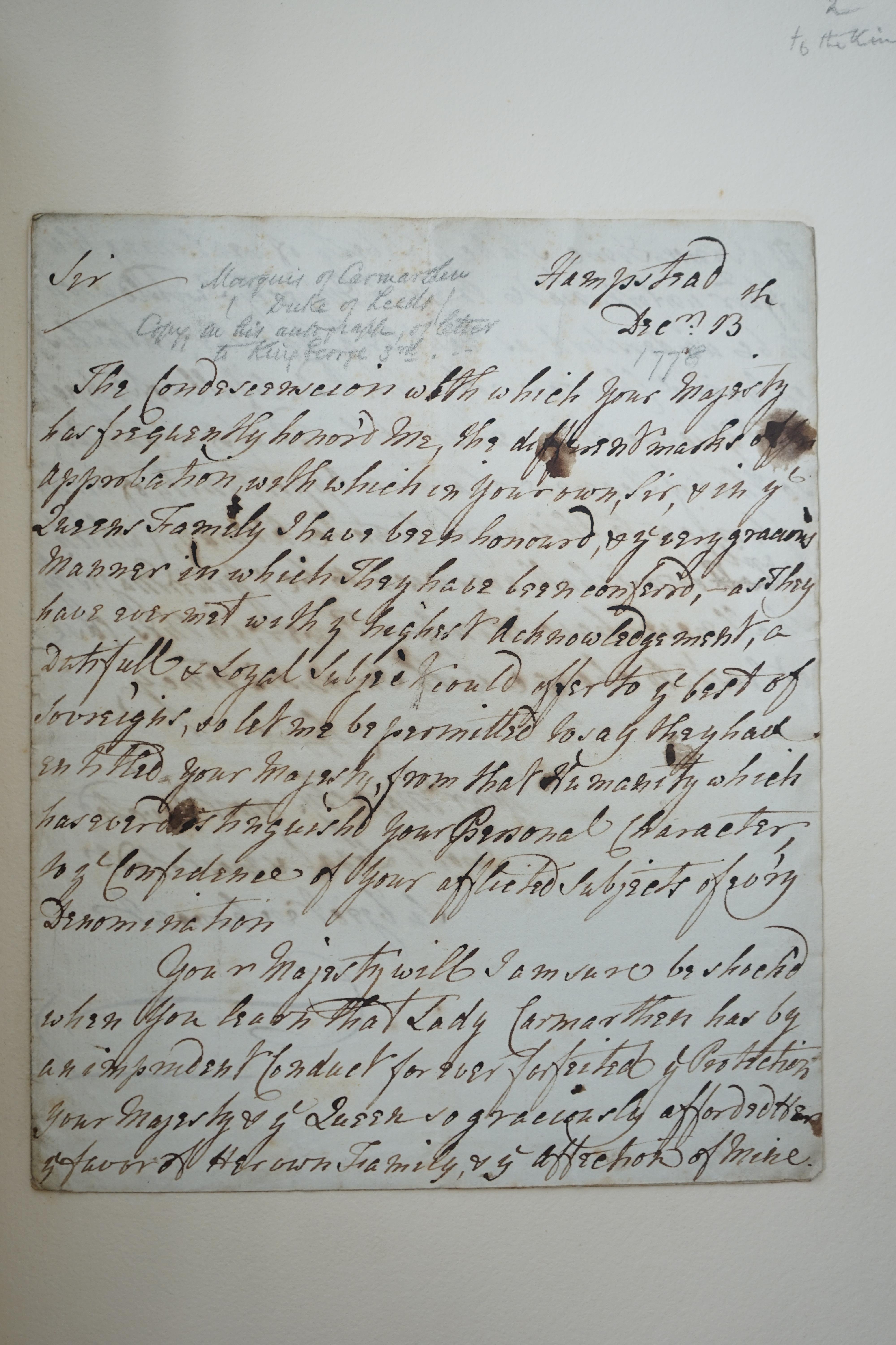 Francis Osborne (1751–1799), marquess of Carmarthen and subsequently duke of Leeds; volume containing copy letters to and from his wife Lady Amelia D’Arcy (1754–1784) and others, concerning their separation and divorce,